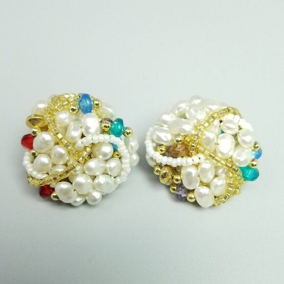 Vintage Large Beaded Cluster Clip On Earrings Faux Pearl Gold Tone, Retro Estate - Picture 6 of 6